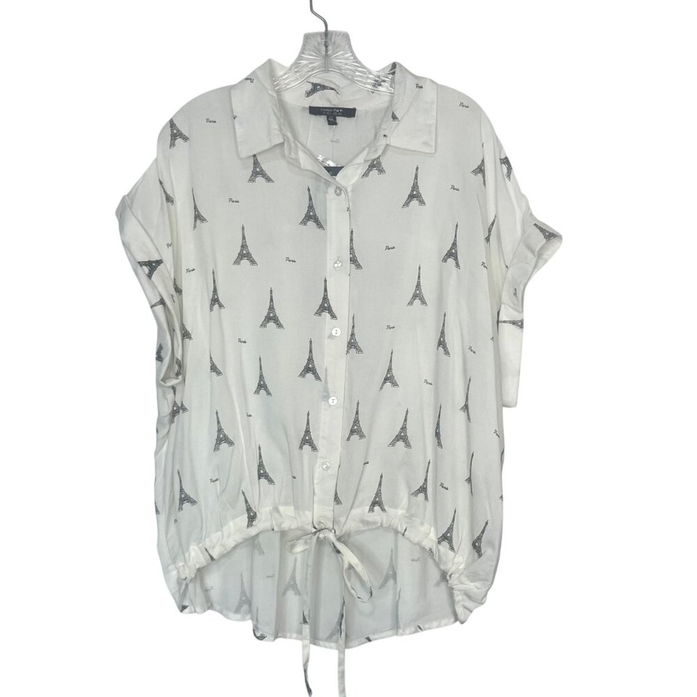 Ooh la! la! White Eiffel Tower Button-Down Tie-Hem Shirt
